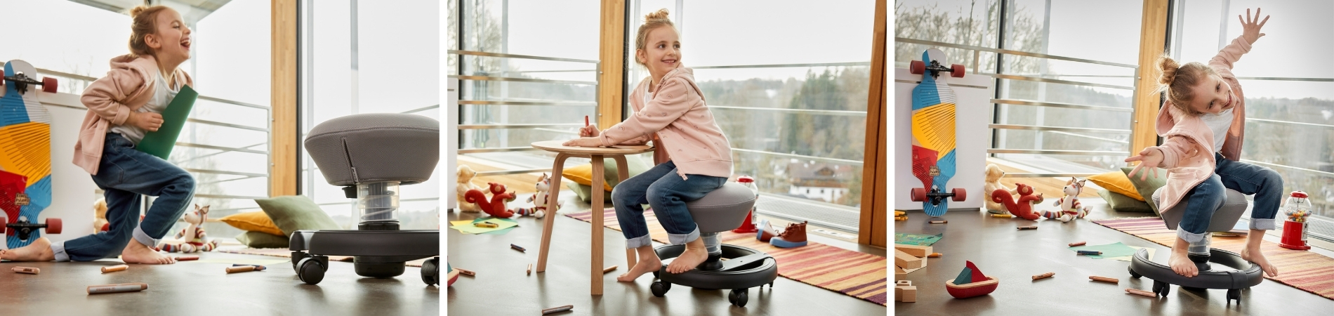 Drei Szenen zeigen ein Mädchen beim Lernen, Sitzen und Balancieren auf einem beweglichen Kinderstuhl.